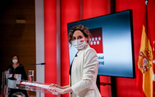 Isabel Díaz Ayuso durante su comparecencia en la sede del PP de Madrid.