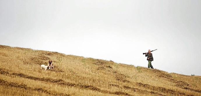 Un cazador, ajeno a la información, junto a sus perros en las afueras de la capital alavesa. Foto: Efe