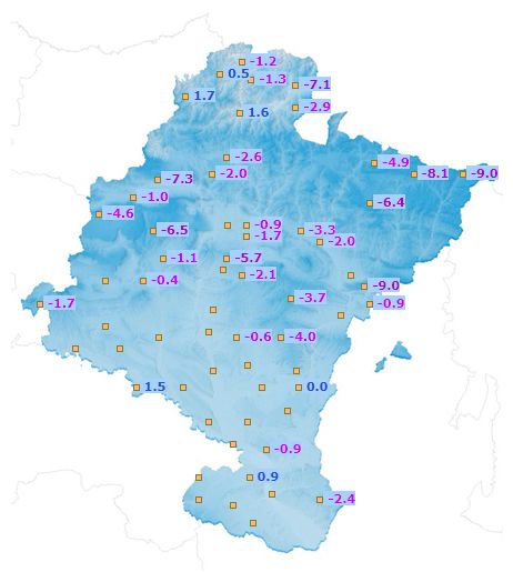 Temperaturas mínimas registradas en la jornada del lunes 23 de enero en Navarra.