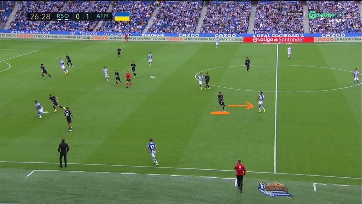 Algo hay que variar para seguir haciendo daño, y la solución parece encontrarse en el otro salto importante de los de Simeone a la presión, el de De Paul a la primera línea. Aquí le vemos (NARANJA) emparejado con Merino, que bajaba a la base para dar salida al balón.
