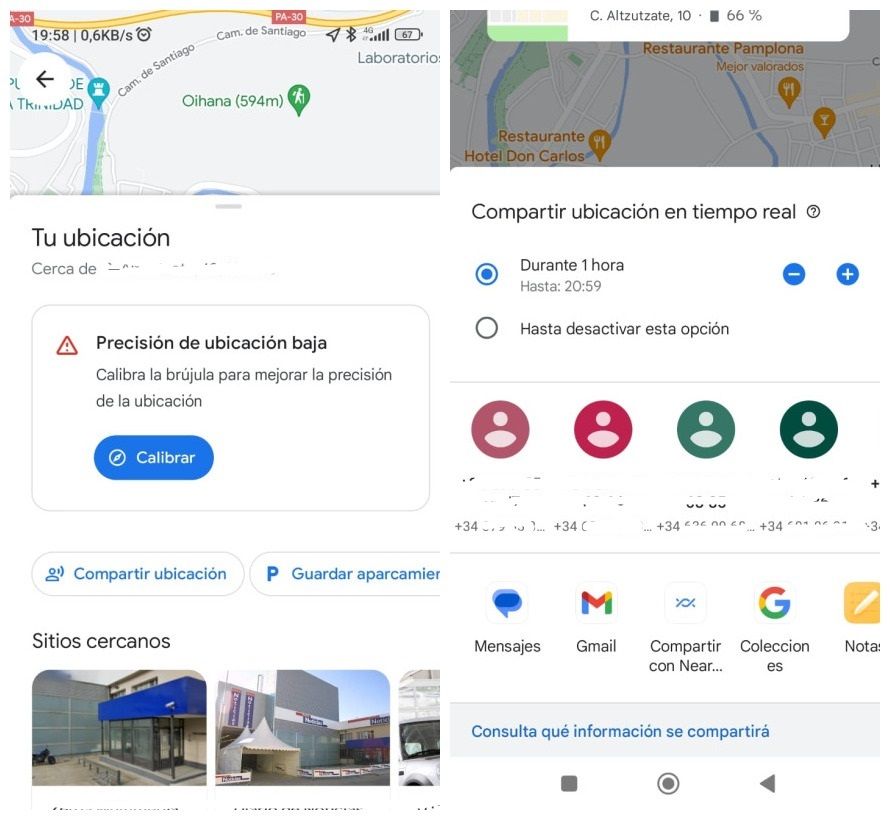 A la izquierda, el mapa de ubicación; a la derecha, seleccionar durante cuánto tiempo y con quién se comparte.