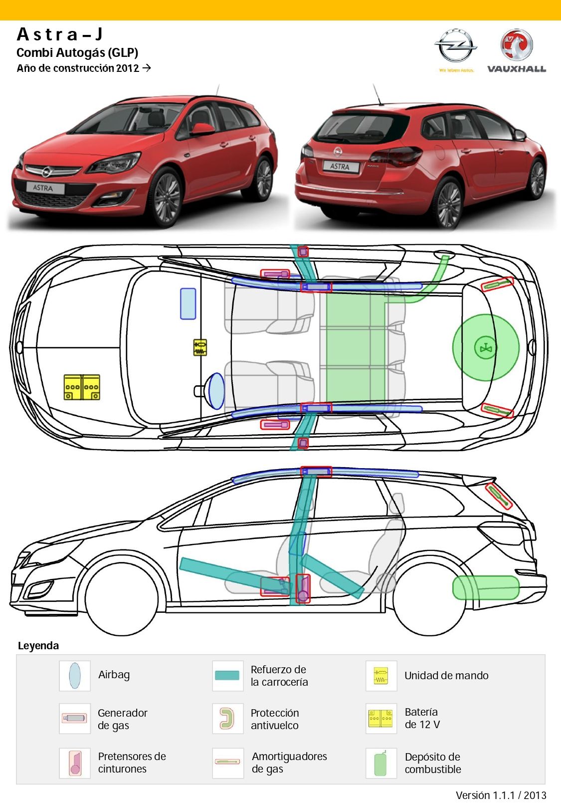 Ejemplo de una hoja de rescate, en este caso de un Opel Astra j-5 Combi Autogas GLP del año 2012.