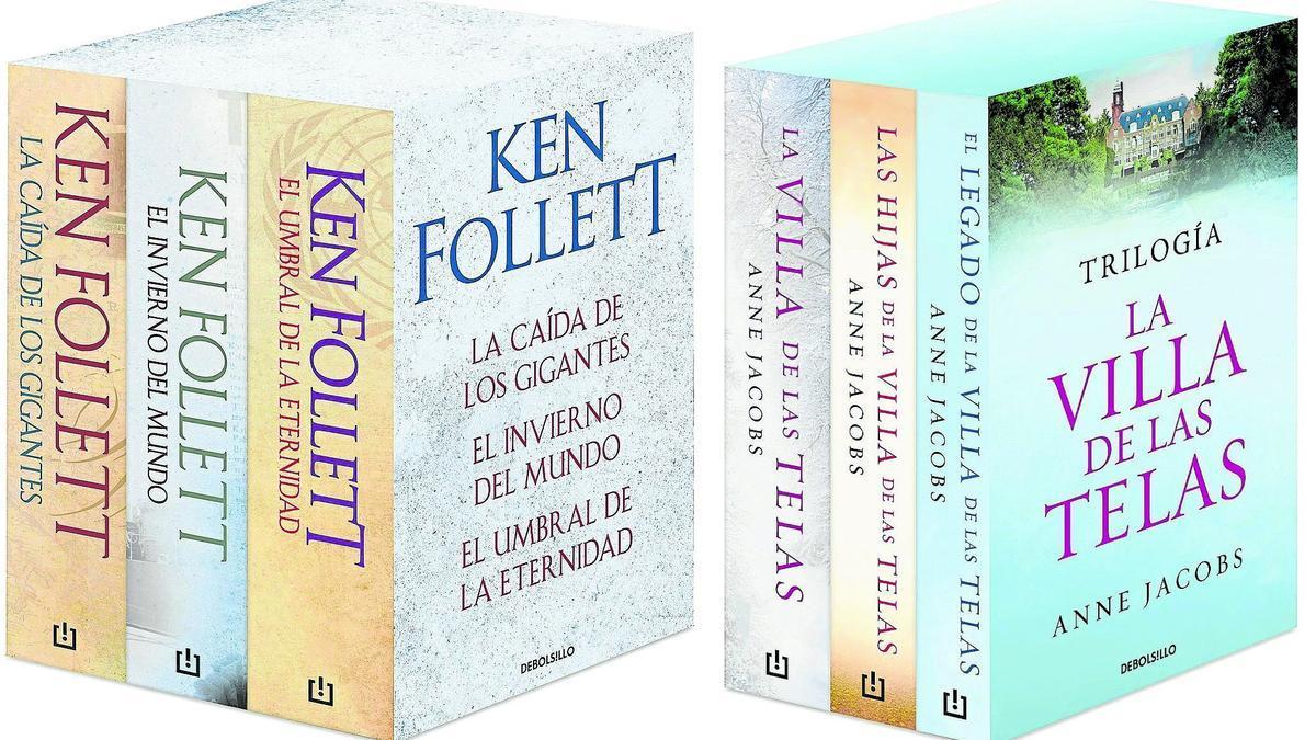 Ejemplares de la saga 'La caída de los gigantes' de Ken Follet, y la saga 'La villa de las telas', de Anne Jacobs.