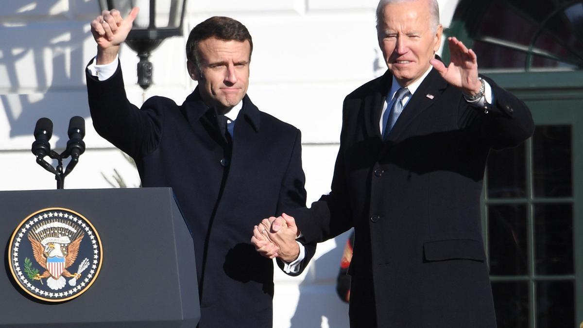 El presidente francés, Emmanuel Macron, y su homólogo estadounidense, Joe Biden, en la visita a EEUU del primero.