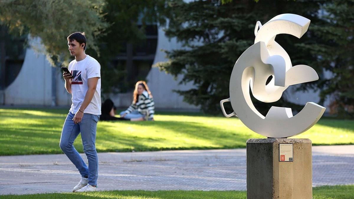 Un estudiante pasa ante una de las obras ubicadas en el campus de la UPNA