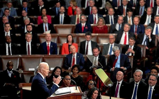 El presidente de EEUU, Joe Biden, durante el discurso del Estado de la Uni&oacute;n.