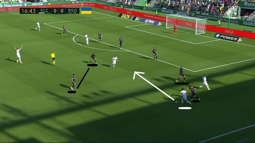 El punto débil del entramado defensivo blanquiazul quedó al descubierto cuando se produjo esta situación, en tres o cuatro ocasiones. Con Aihen-Merino tapando fuera y un doble pivote integrado por Brais-Silva, Collado encontró ‘vía libre’ para iniciar sus diagonales y disparar.