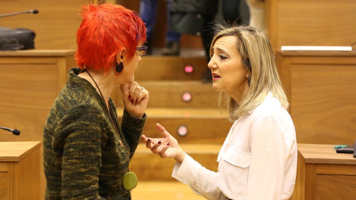 Ibarrola conversa con la consejera Santos Indurain en el Parlamento de Navarra.