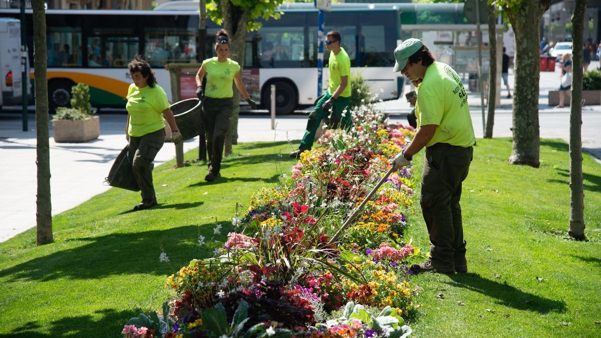 Jardineros municipales arreglando los parterres de los jardines en vísperas de San Fermín.