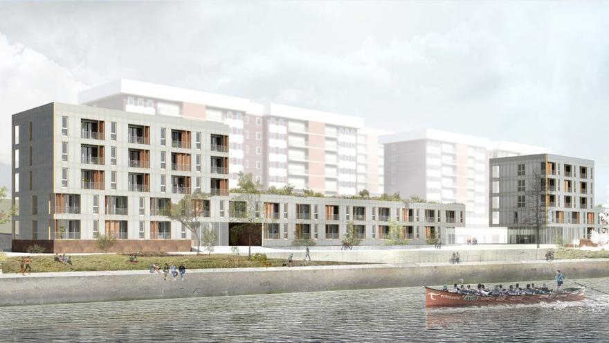 Infografía del diseño inicial de los apartamentos que construirá el Gobierno vasco, todos ellos de madera.