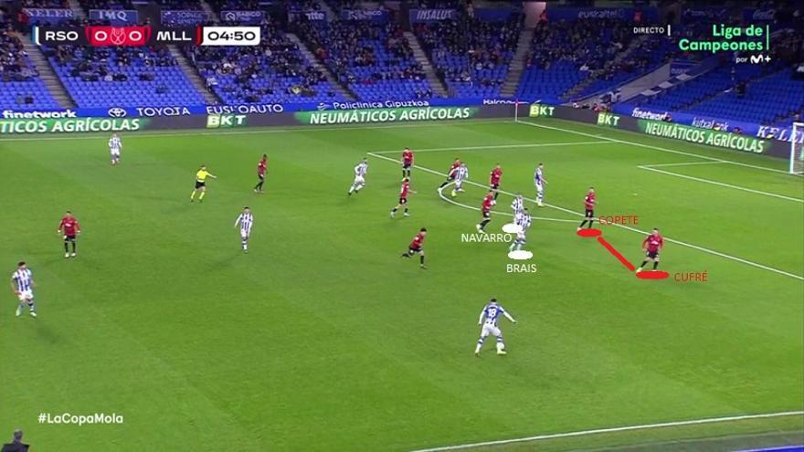 Repetimos imagen para mostrar el muy ligero espacio generado entre el propio Cufré (enseguida se da cuenta de que no tiene que salir a Gorosabel) y el central Copete. Brais y Navarro ya rondan el carril creado para intentar aprovecharlo.