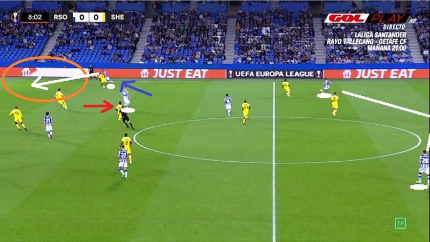 Minuto 8. Insiste la Real con la maniobra para buscar a Brais en ese mismo espacio...