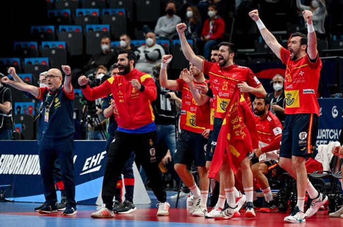 El banquillo de la selección española celebra un gol ante Dinamarca.