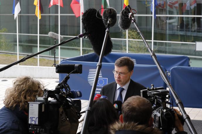 El vicepresidente económico del Ejecutivo comunitario, Valdis Dombrovskis, en declaraciones a la prensa en Luxemburgo.