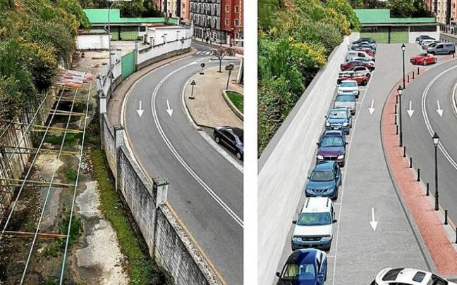 A la izquierda, aspecto actual del solar de Gabilondo; y a la derecha, montaje del proyecto planteado por el PNV para ese ámbito. Foto: N.G.
