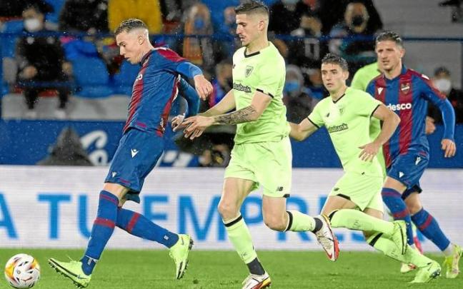 Oihan Sancet y Oier Zarraga presionan para recuperar la pelota durante el Levante-Athletic. Foto: Athletic Club
