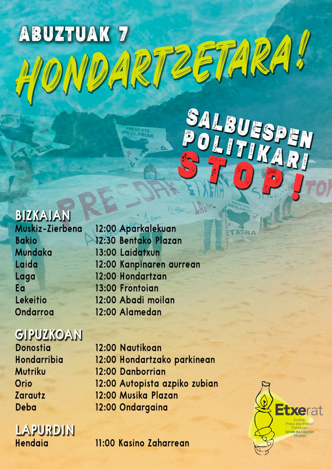 Cartel de las movilizaciones de Etxerat en las playas de Euskal Herria