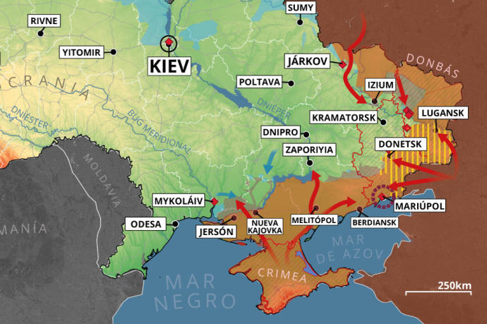 Mapa con la situación de la guerra en Ucrania el 18 de abril de 2022.