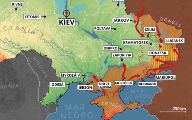 Mapa con la situación de la guerra en Ucrania el 18 de abril de 2022.