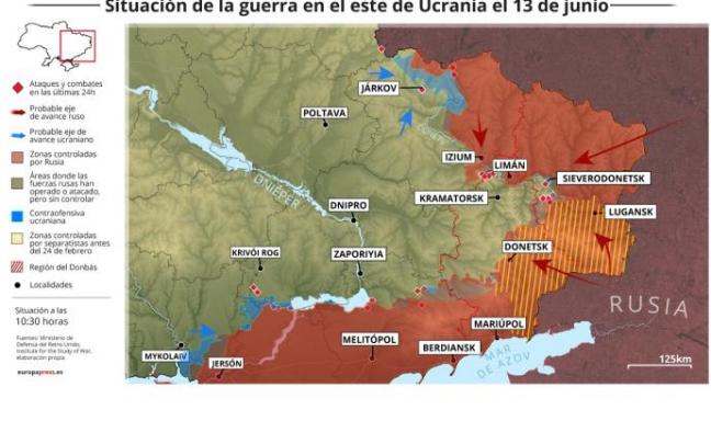 Mapa con la situación de la guerra en el este de Ucrania.