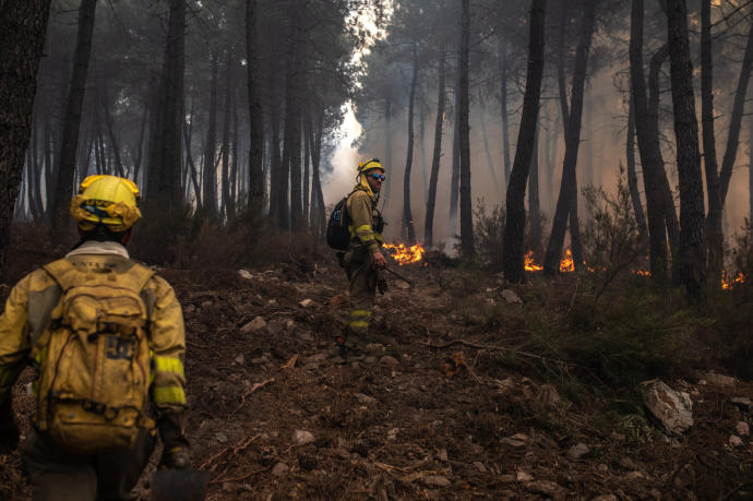 Bomberos trabajan en la extinción del incendio en la Sierra Culebra.