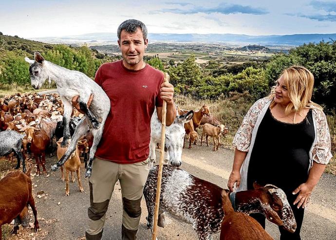 Agustín y Alicia, con su rebaño, en el monte de Laguardia.