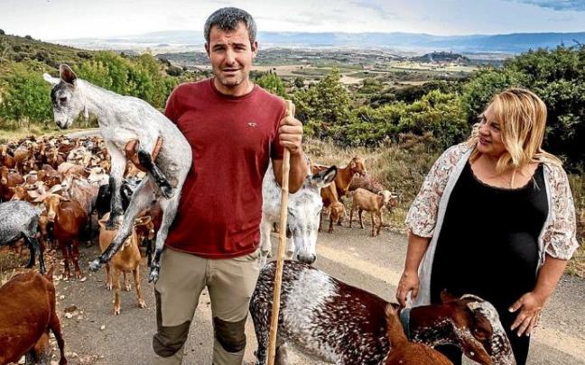 Agustín y Alicia, con su rebaño, en el monte de Laguardia.