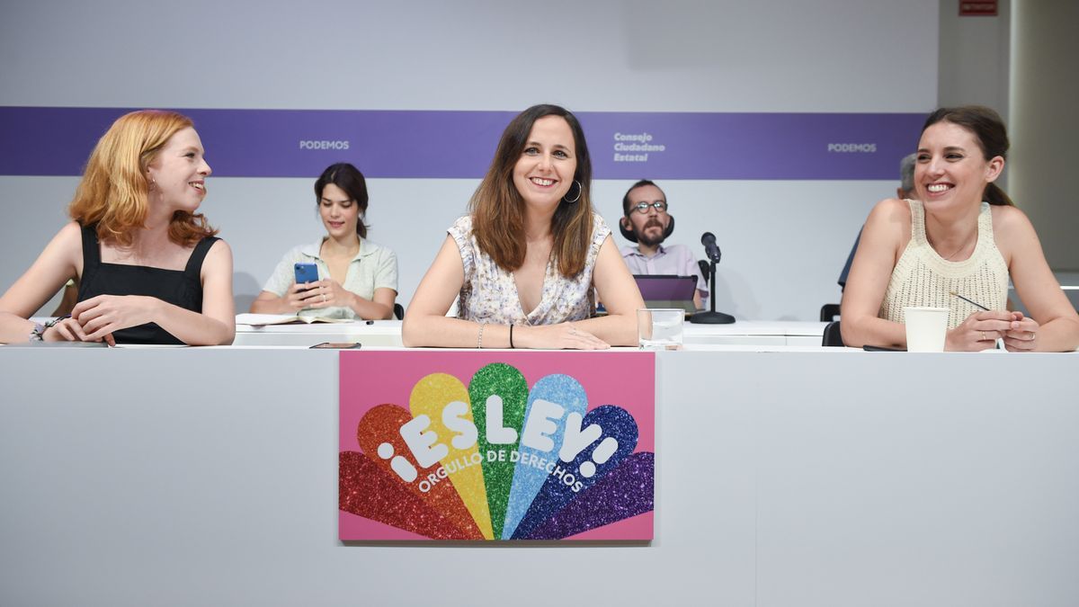 La secretaria de Organización de Podemos, Lilith Verstrynge; la ministra de Derechos Sociales y Agenda 2030, Ione Belarra, y la ministra de Igualdad, Irene Montero.