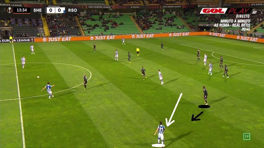 LA SOLUCIÓN. La clave estuvo en la amplitud. Desde la mencionada movilidad, había que estirar al Sheriff. Imanol demostró ser consciente de ello: incluso en fases de 3-4-3 con Sola proyectado a extremo, escoró a algún centrocampista para 'limpiar' las zonas interiores.