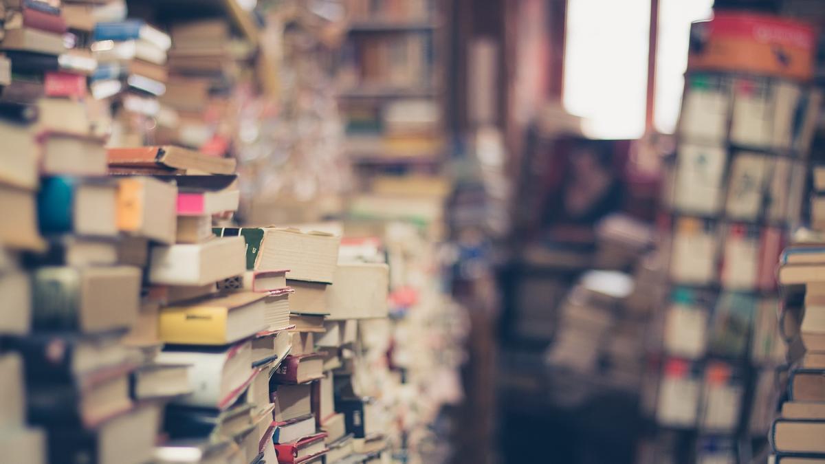 Pilas de libros en una librería.