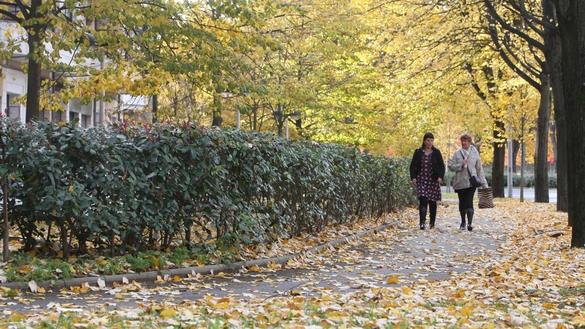 Dos mujeres pasean por un bidegorri cubierto de hojas por el otoño en Donostia