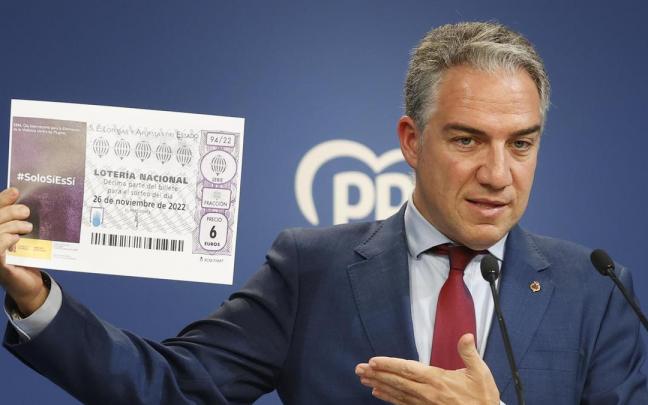 Bendodo muestra un décimo con publicidad de la Ley del 'solo sí es sí'.