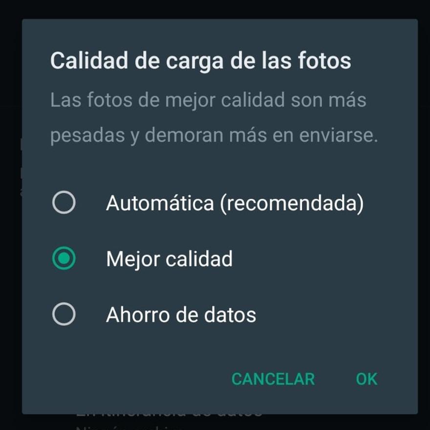 Las tres opciones de calidad que ofrece la app y que debe elegir el usuario. La primera viene activada por defecto.