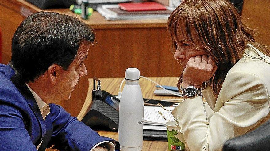 El consejero de Desarrollo Económico, Mikel Irujo, con la portavoz de Geroa Bai, Uxue Barkos, durante un pleno del Parlamento.