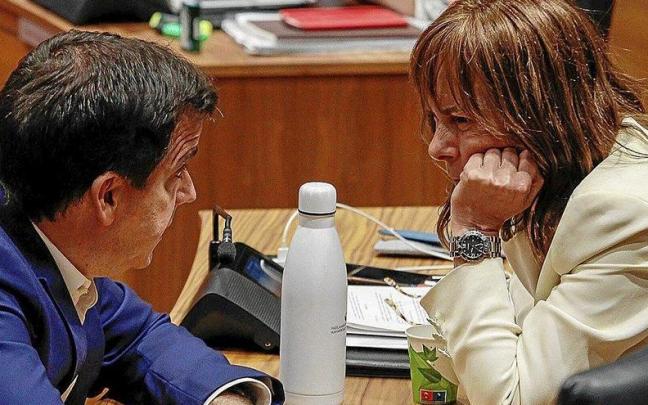 El consejero de Desarrollo Económico, Mikel Irujo, con la portavoz de Geroa Bai, Uxue Barkos, durante un pleno del Parlamento. El consejero de Desarrollo Económico, Mikel Irujo, con la portavoz de Geroa Bai, Uxue Barkos, durante un pleno del Parlamento.