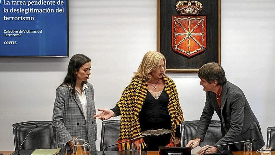 Inés Gaviria y Consuelo Ordóñez, de Covite, junto a Jabi Arakama (Geroa Bai), presidente de la comisión parlamentaria. | FOTO: IBAN AGUINAGA