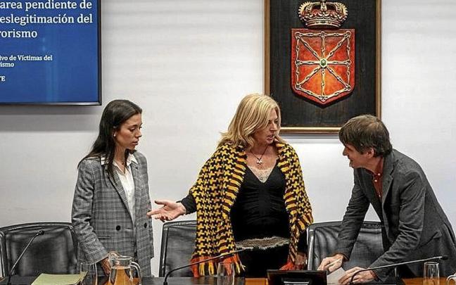 In&eacute;s Gaviria y Consuelo Ord&oacute;&ntilde;ez, de Covite, junto a Jabi Arakama (Geroa Bai), presidente de la comisi&oacute;n parlamentaria. | FOTO: IBAN AGUINAGA