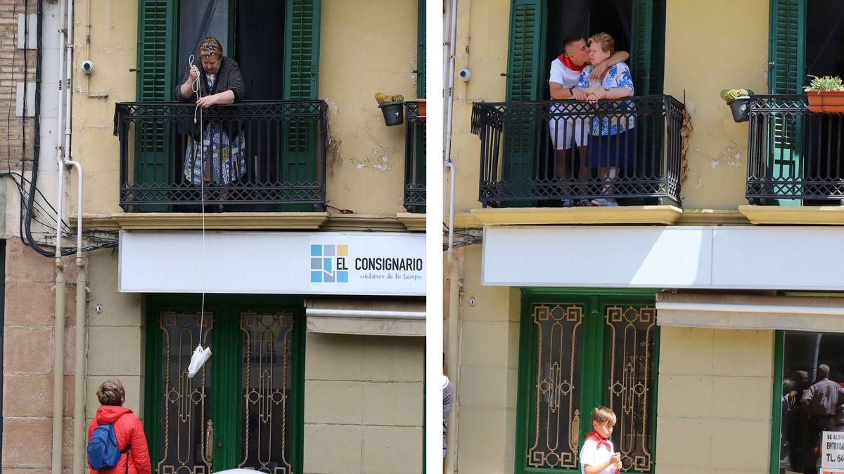 Ana Mari Pinillos en su balcón de Estella, durante el confinamiento y este viernes.
