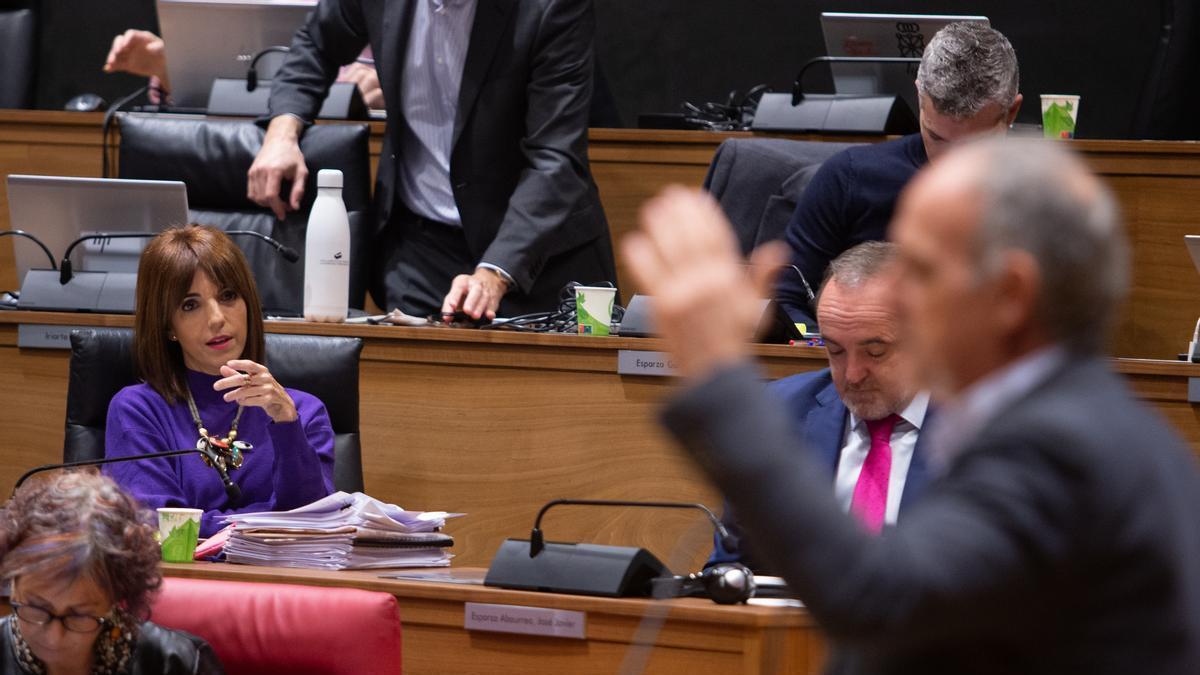 La parlamentaria de Navarra Suma, María Jesús Valdemoros, observa la intervención del portavoz de EH Bildu, Adolfo Araiz, durante el pleno del Parlamento.