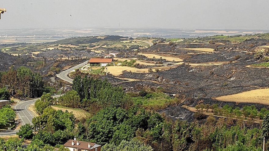 Terrenos quemados en el término de San Martín de Unx, pueblo visitado por los turistas atraídos por sus bodegas.