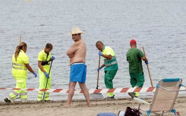 Dispositivo de limpieza en la orilla de la playa de Poniente de La Línea de la Concepción. Dispositivo de limpieza en la orilla de la playa de Poniente de La Línea de la Concepción.