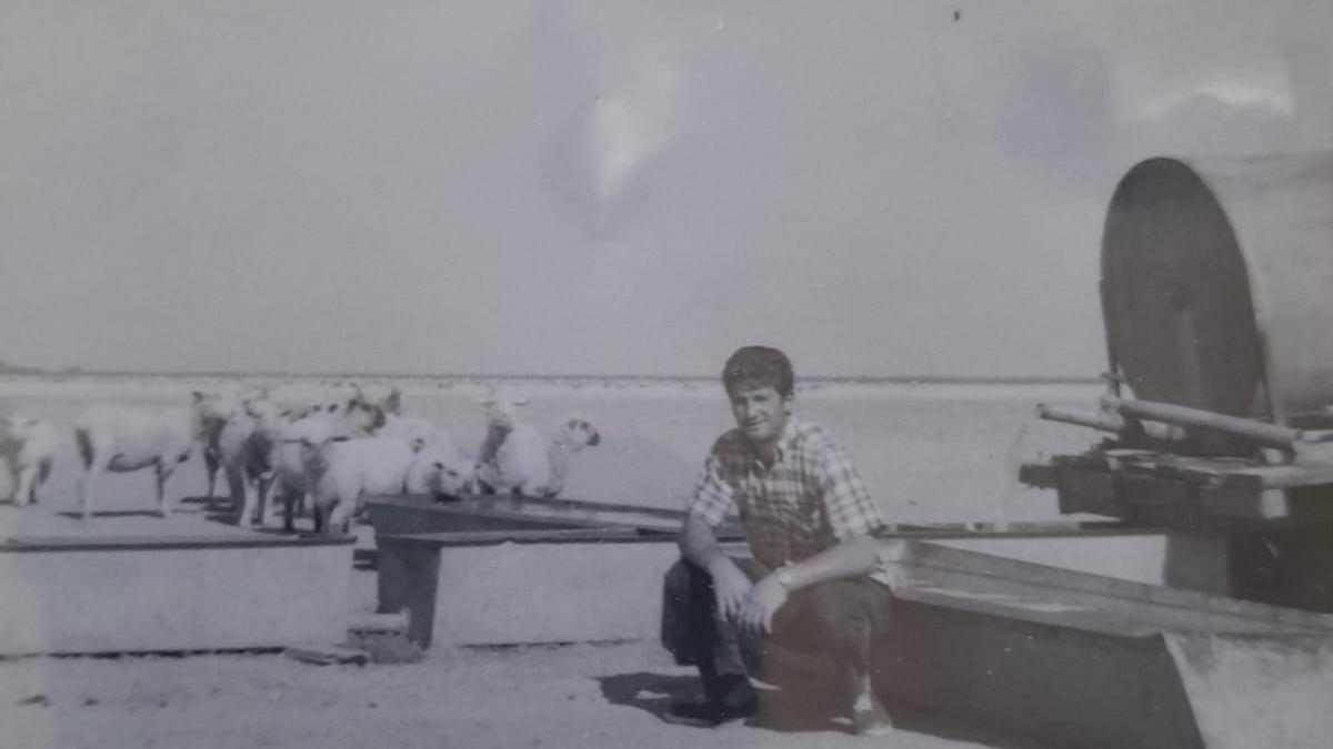 José Luis Urrutia posa en una imagen de los años sesenta junto a uno de los rebaños de oveja y el carromato donde dormían.