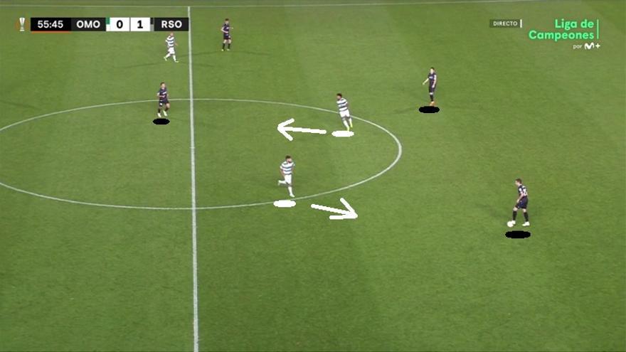 SEGUNDA PARTE. Cambió el panorama desde el principio... porque cambió el Omonia su presión. Ya no permitió esas conducciones sencillas de Pacheco y Zubeldia, pasando a defender con dos puntas en primera línea y alternándose estos la vigilancia a Guevara.