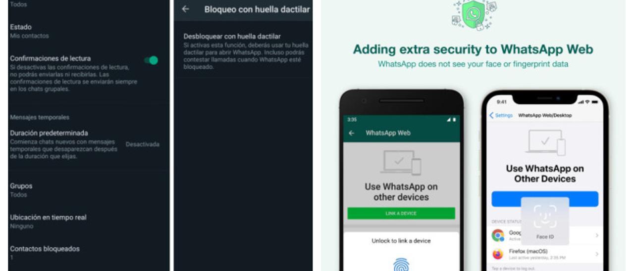 A la izquierda el recorrido en ajuste para activar el bloqueo dactilar en un móvil android. A la derecha, las dos opciones de pantallas de desbloqueo, dactilar y facial. NTM/WhatsApp