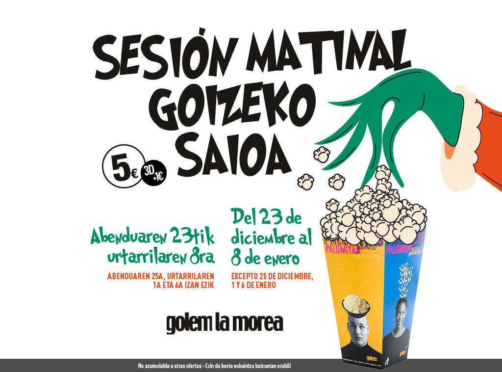 Cartel creado por Mamen Zudaire para anunciar las matinales navideñas de Golem La Morea.