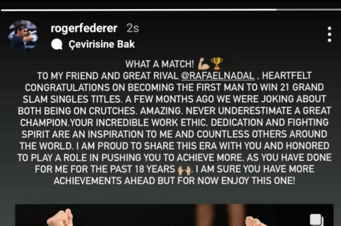 El mensaje de Federer a Rafa Nadal en Instagram.
