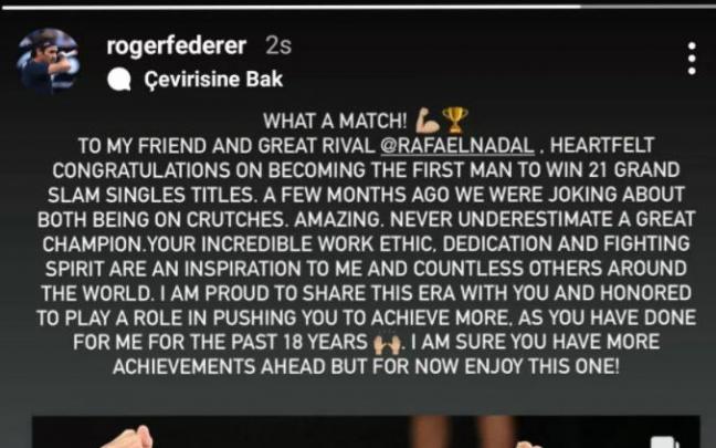 El mensaje de Federer a Rafa Nadal en Instagram. El mensaje de Federer a Rafa Nadal en Instagram.