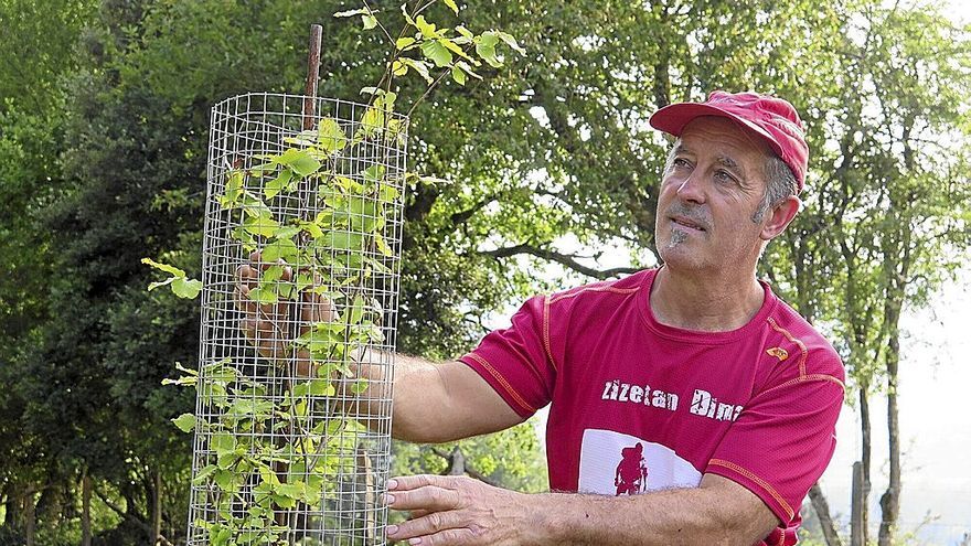 Juanjo Aranburu, con uno de los árboles que ha plantado.