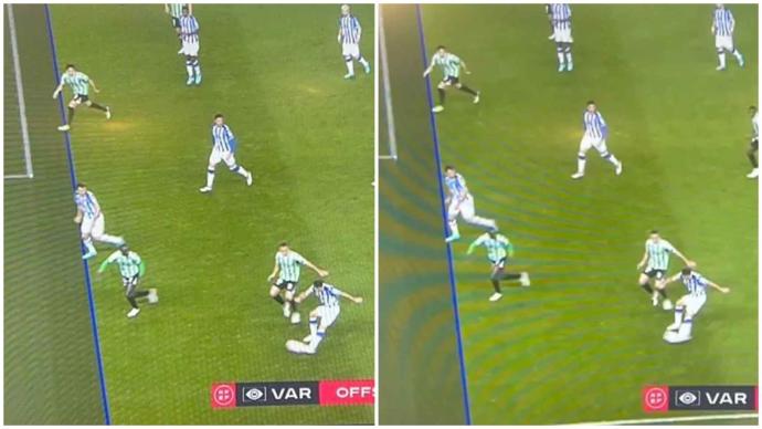 Comparativa de las dos imágenes del VAR emitidas en televisión durante el partido de Copa ante el Betis.