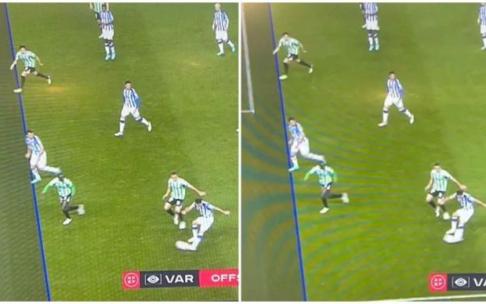 Comparativa de las dos imágenes del VAR emitidas en televisión durante el partido de Copa ante el Betis.